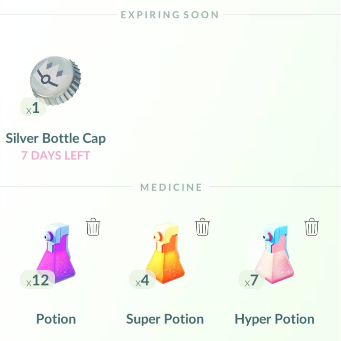 An item inventory screen in Pokémon Go showing a Silver Bottle Cap at the top, and a Potion, Super Potion and Hyper Potion at the bottom.