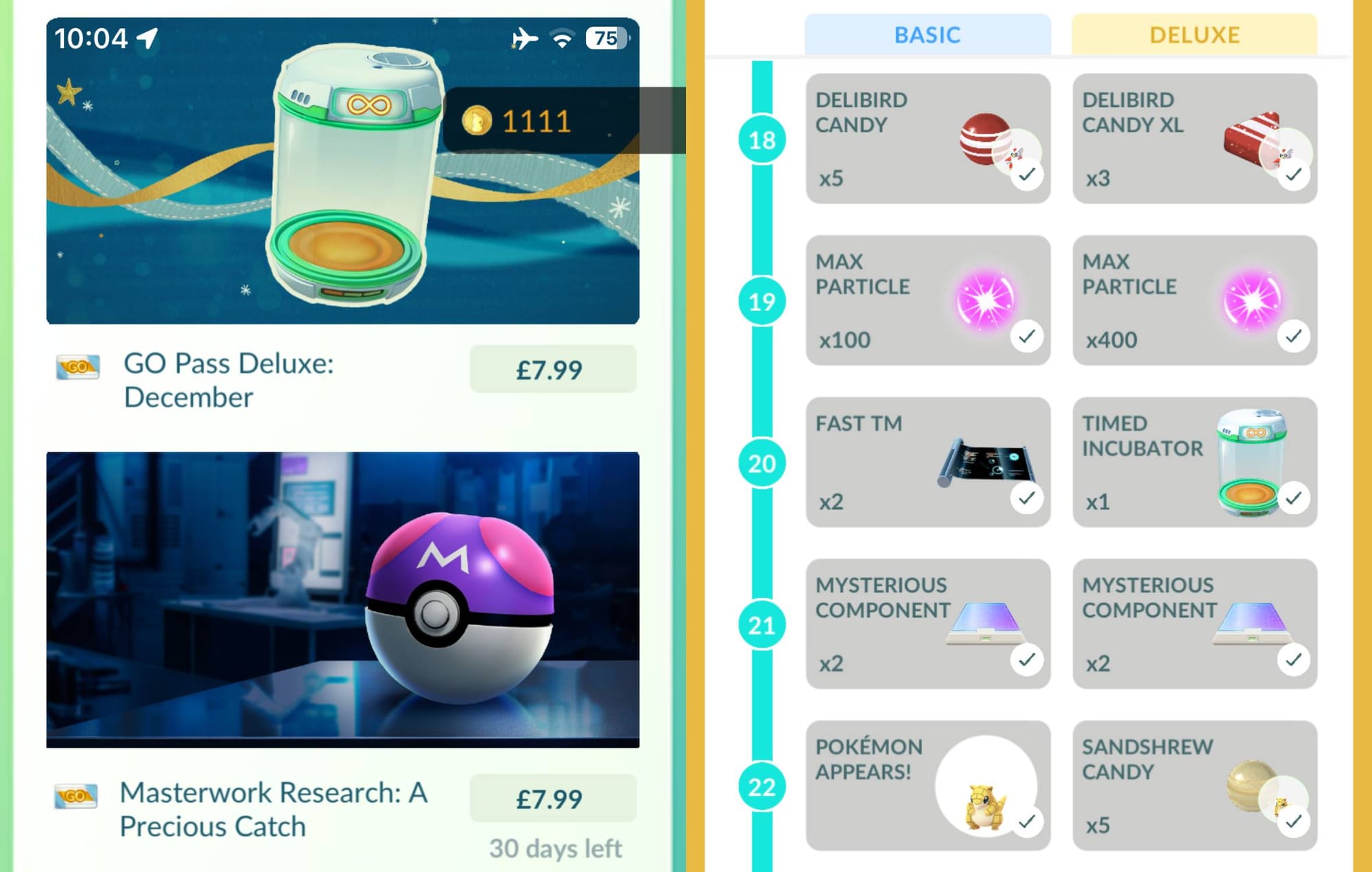 An image showing side-by-side screenshots of a Timed Incubator in the Go Plus Deluxe pass in Pokémon Go.