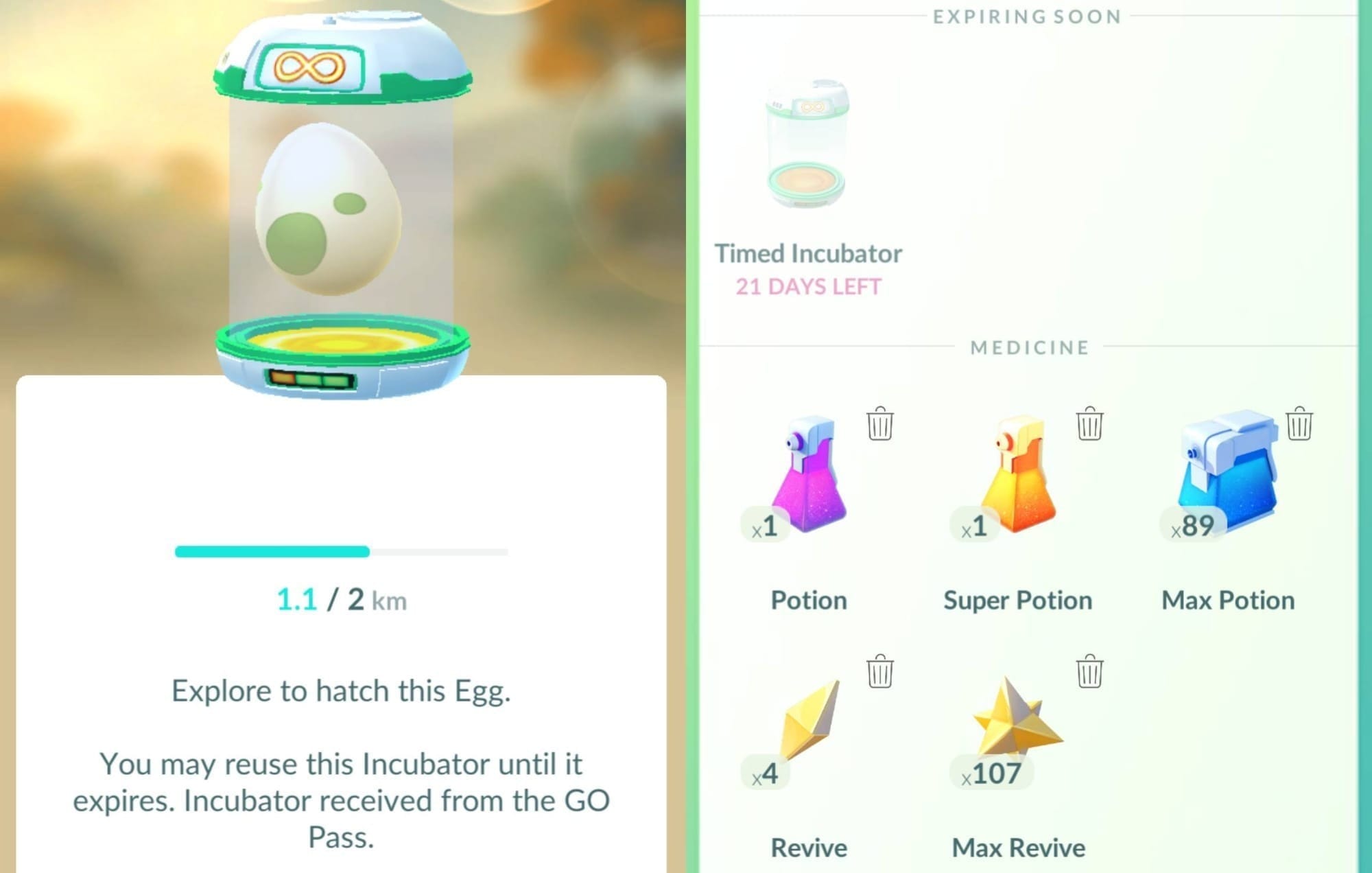 An image showing side-by-side screenshots of a Timed Incubator in Pokémon Go.