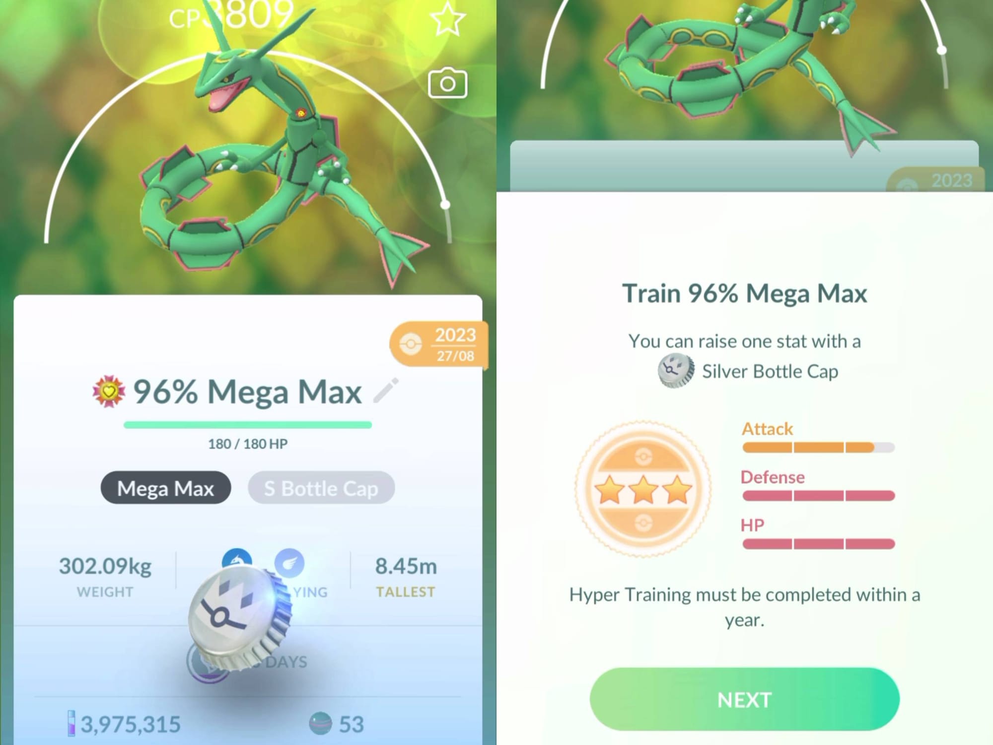 Two side-by-side screenshots of Pokémon Go showing Rayquaza being given a Silver Bottle Cap on the left, and Hyper Training details on the right.