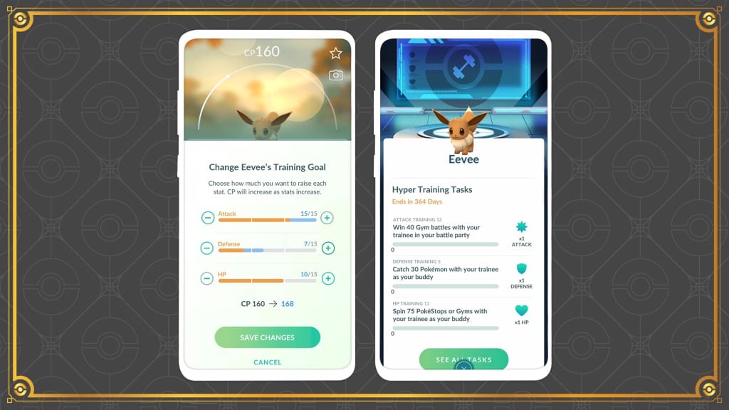 Side-by-side screenshots of Hyper Training Eevee in Pokémon Go amongst a patterned background.