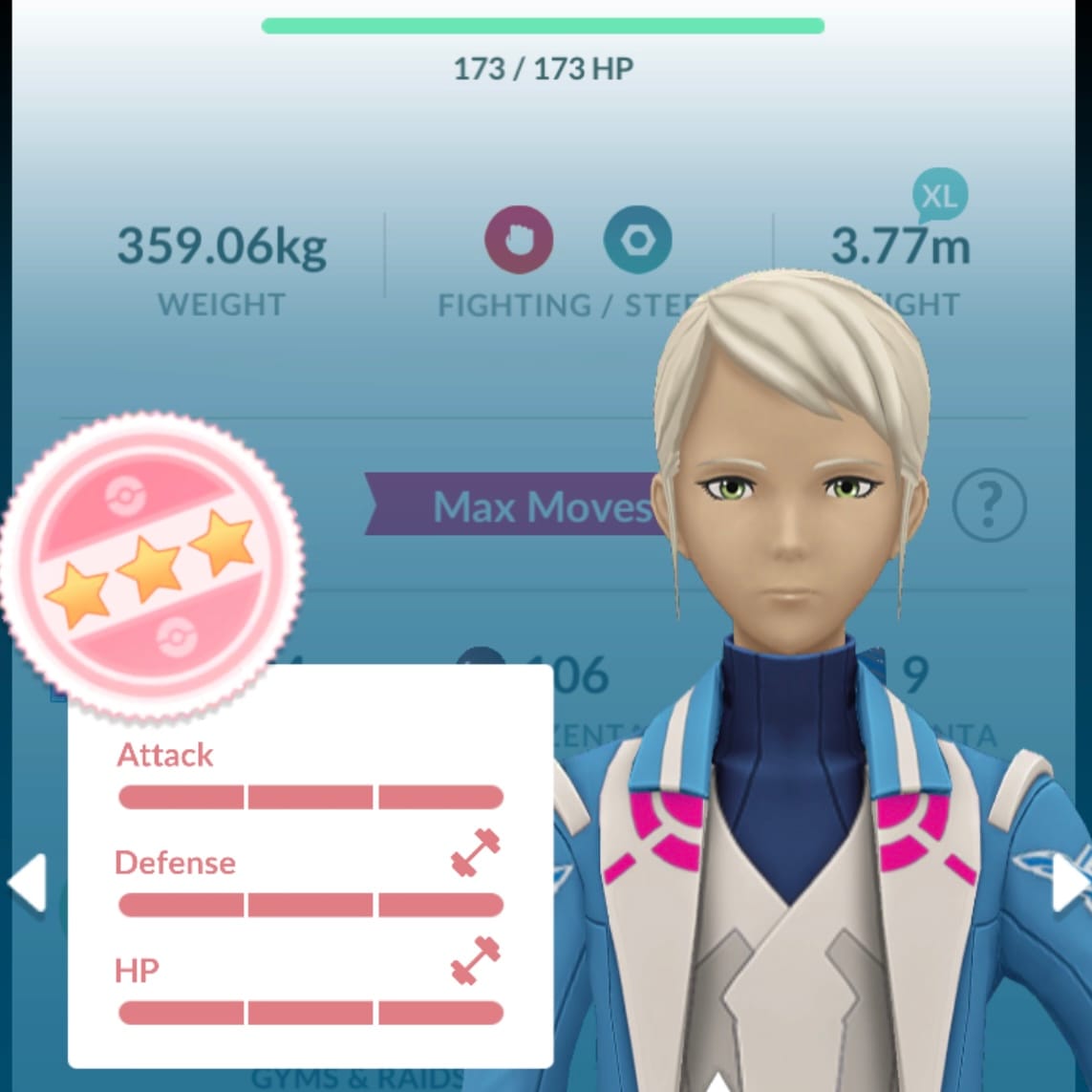 A Pokémon stat screen showing Attack, Defence and HP in Pokémon Go.