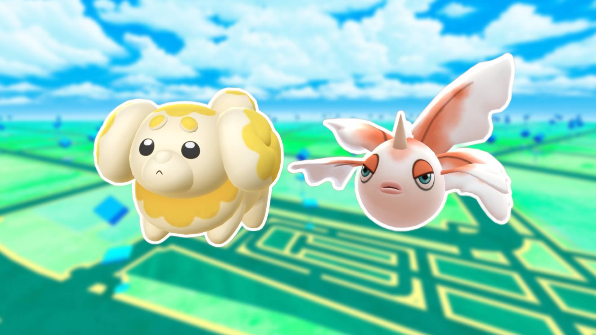 Pokémon Fidough and Goldeen overlaid on a blurred map screen from Pokémon Go.
