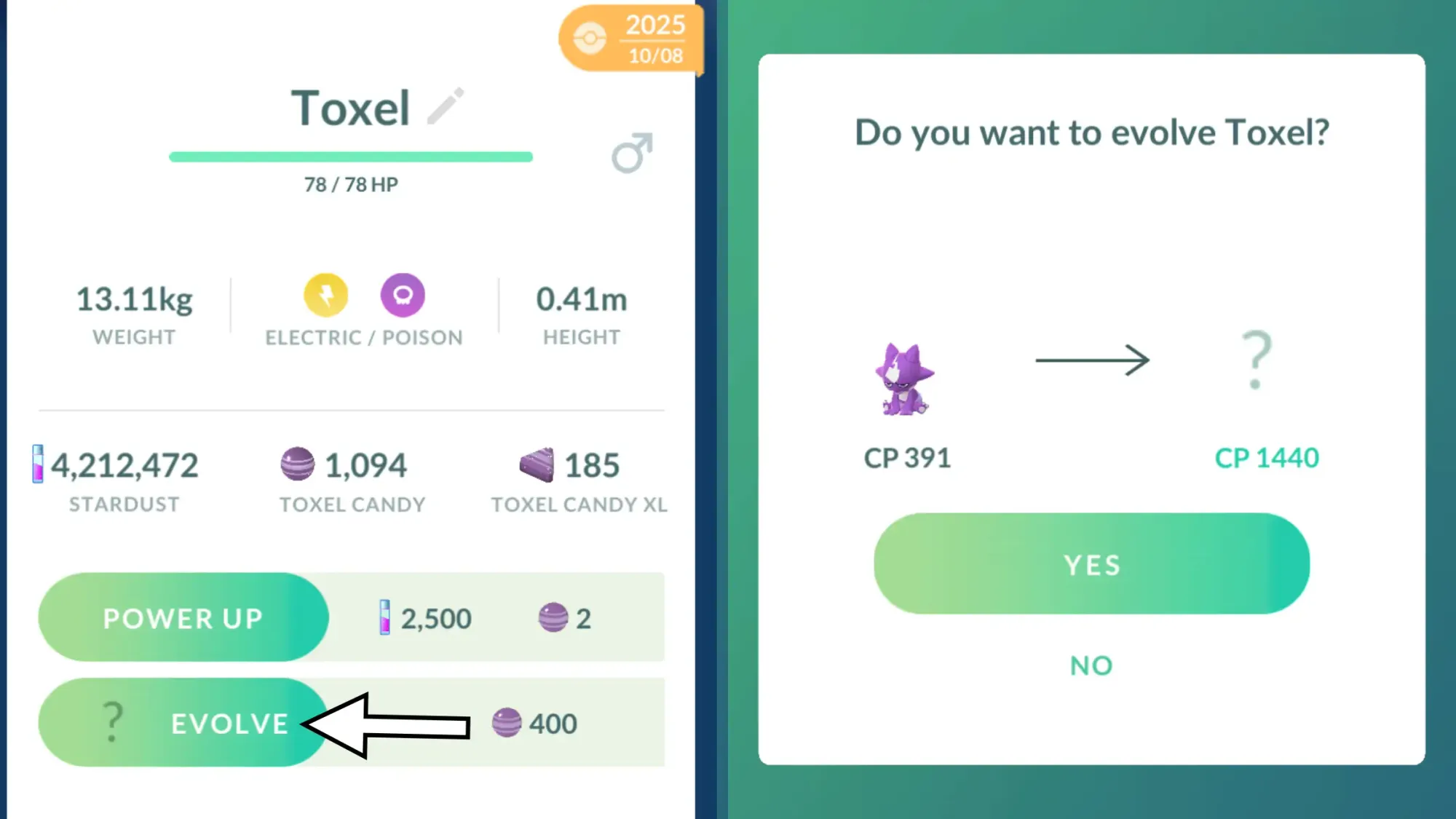 Two side-by-side screenshots of Pokémon Go showing Toxel's evolution option on the left, and on the right, an evolution prompt with the text "Do you want to evolve Toxel?".