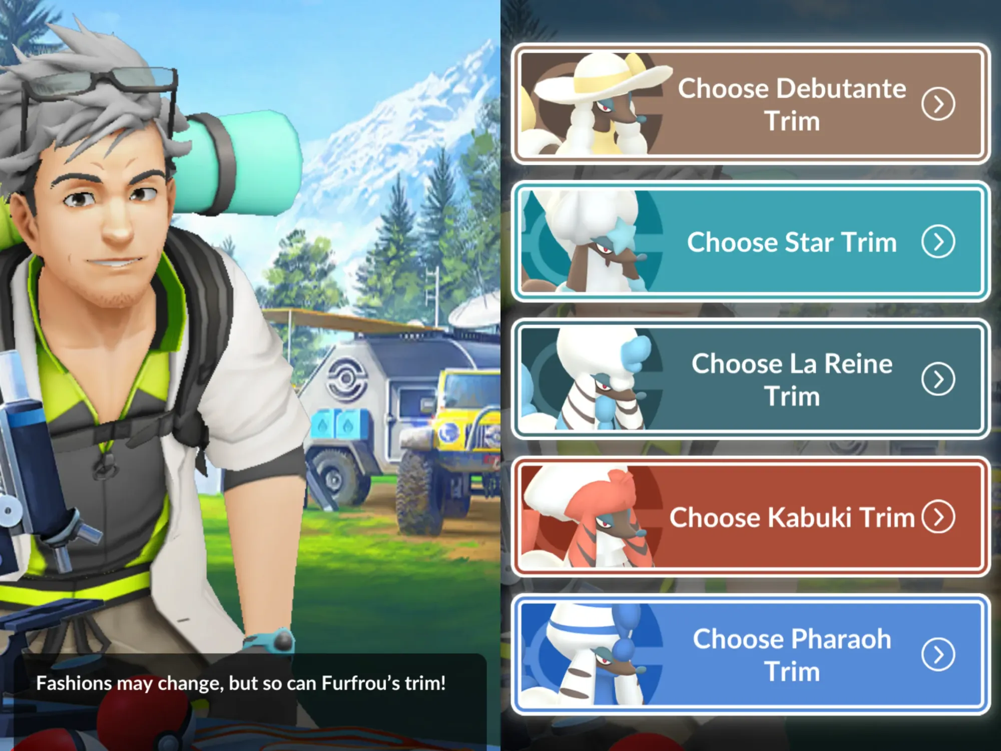 Two side-by-side screenshots, one with Professor Willow, the other with a list of Choose Furfrou Trims from the 'Poodle Caboodle' research.