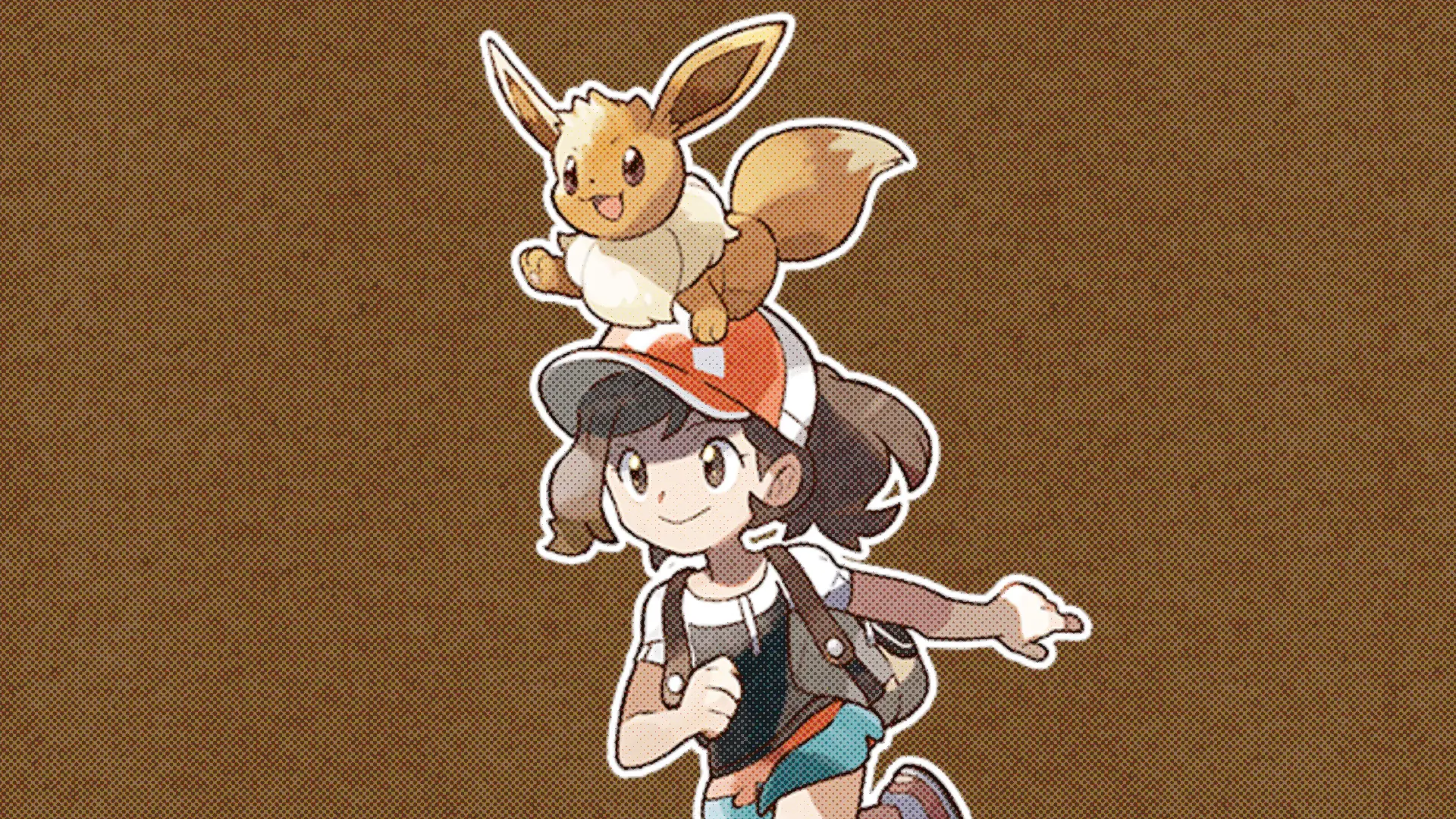 A Pokémon trainer with Eevee on a brown textured background