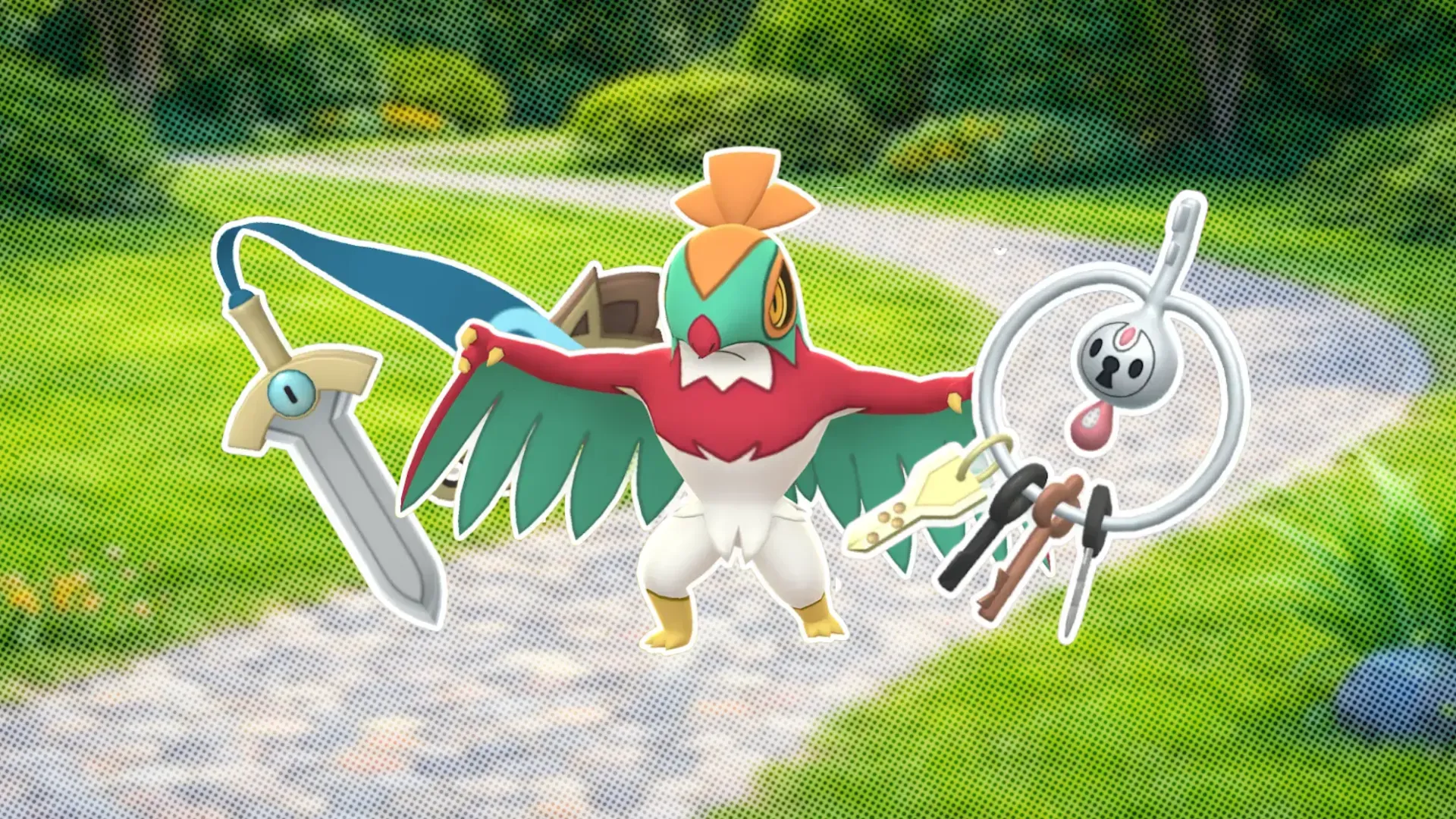 Honedge, Hawlucha and Klefki in front of a textured background.