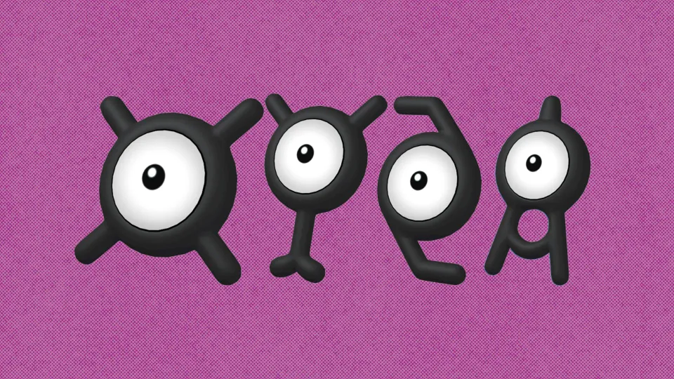 Unown forms X, Y, Z and A against a textured background.