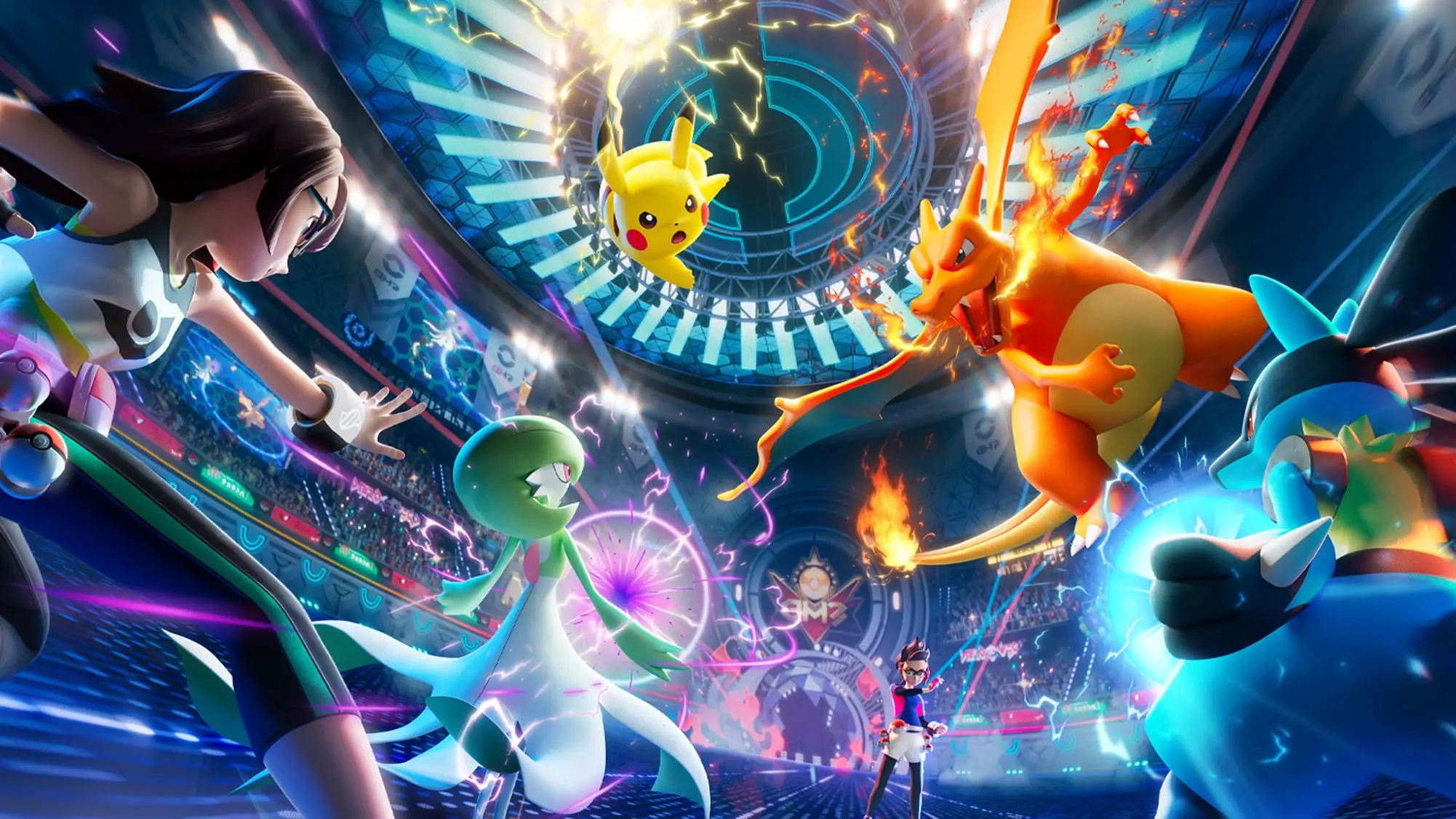 A battle scene with two trainers and various battling Pokémon in a stadium.
