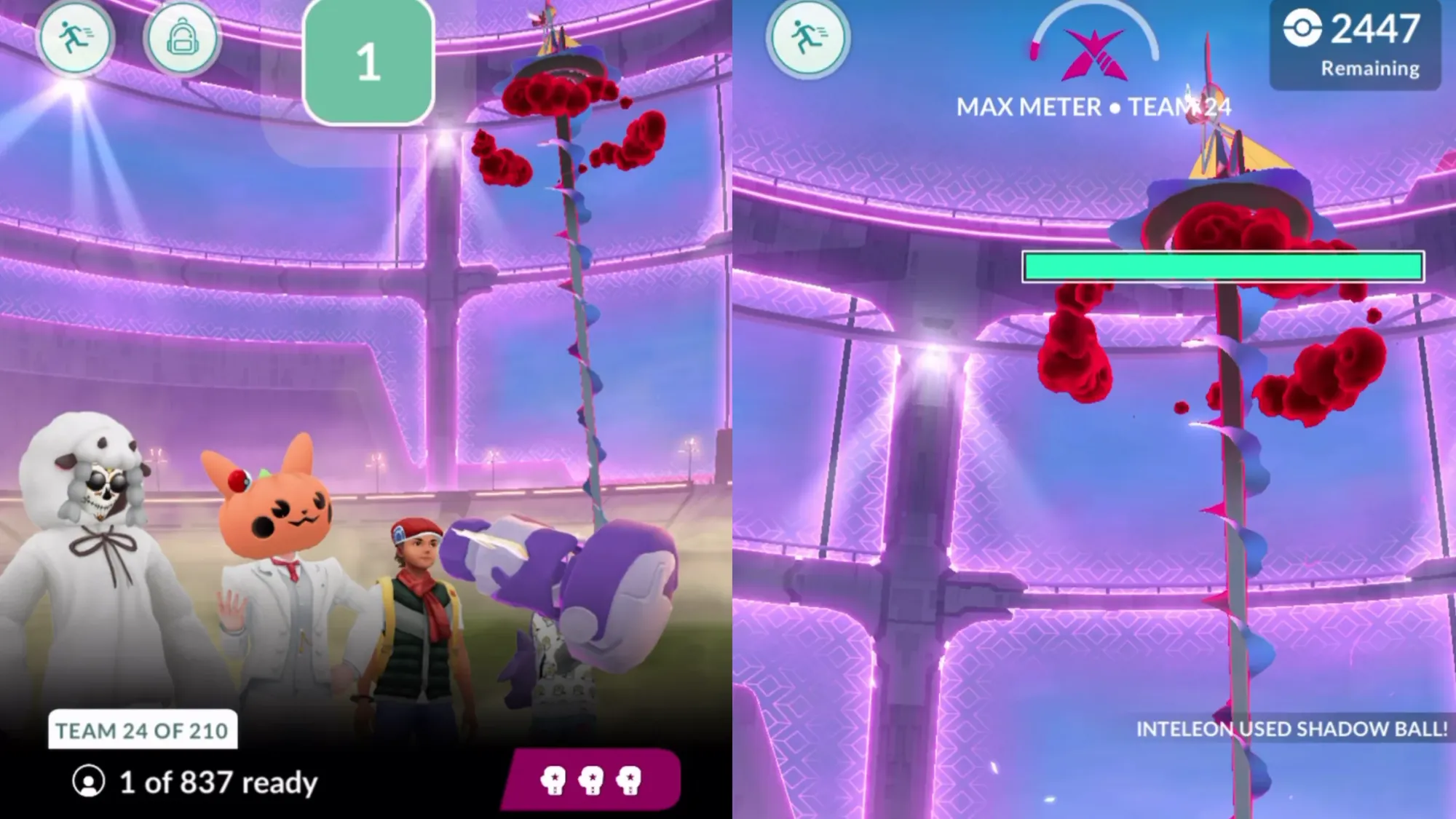 Two side-by-side screenshots showing a Max Battle with hundreds of players in Pokémon Go.
