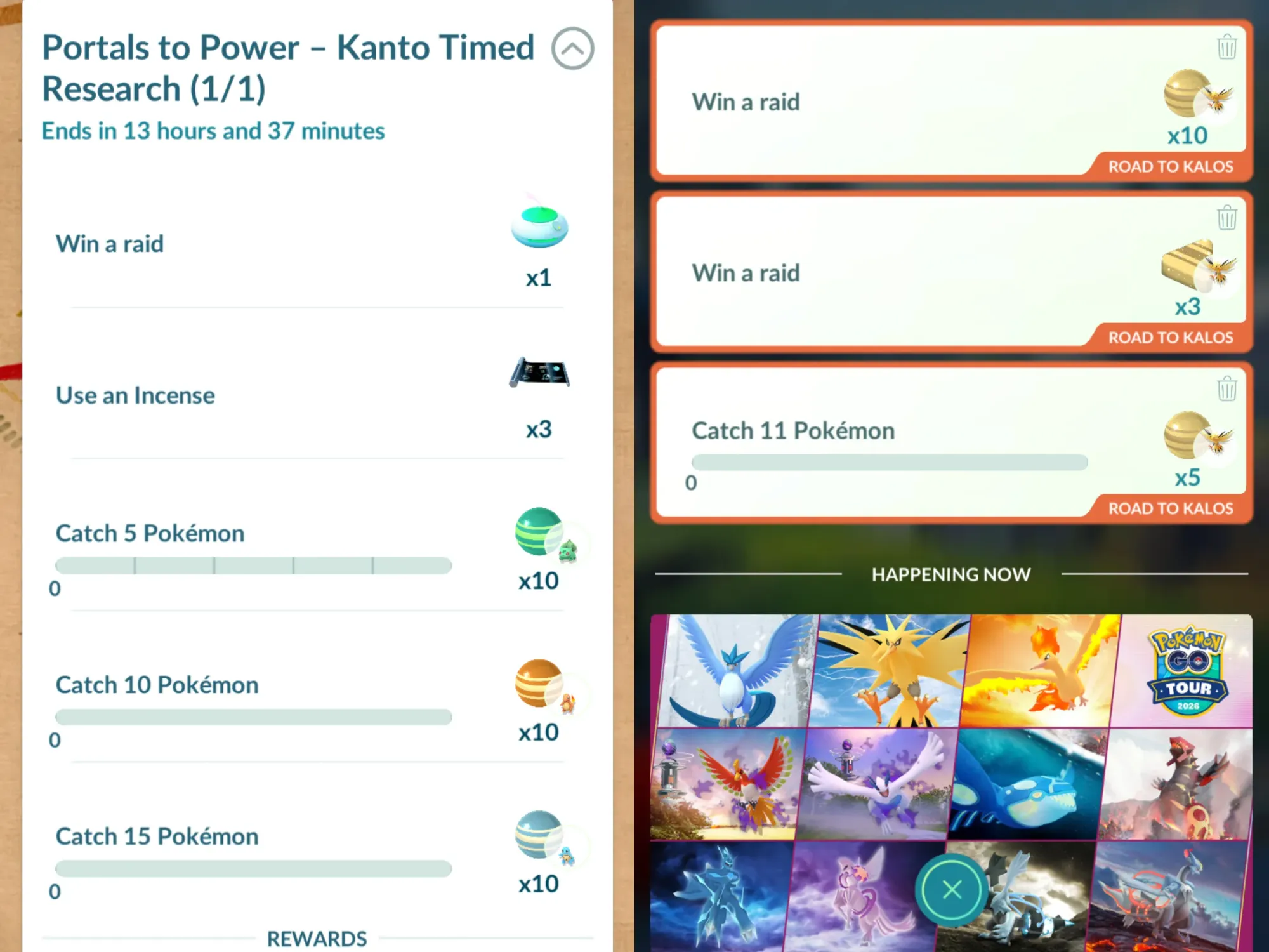Two side-by-side mobile screenshots, showing 'Portals to Power - Kanto Timed Research' on the left, and Field Research on the right.