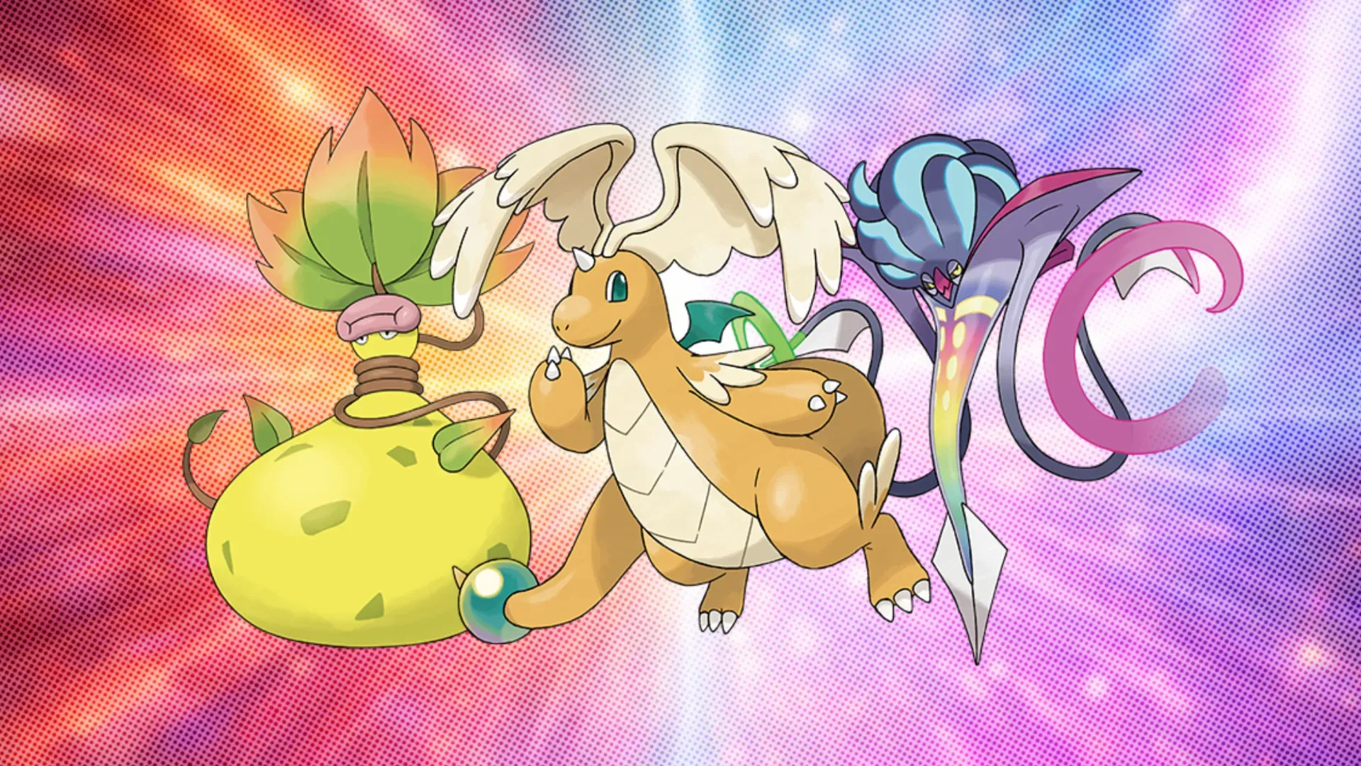 Mega Victreebel, Mega Malamar, and Mega Dragonite in front of a textured background.