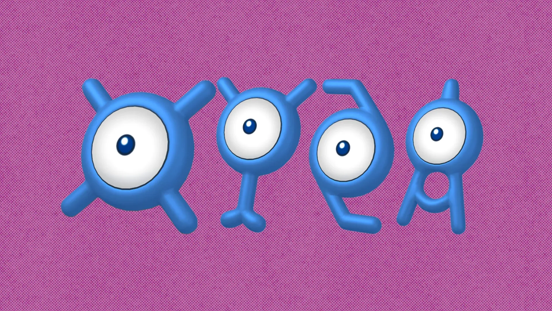 Shiny Unown X, Y, Z, and A on a textured pink background.