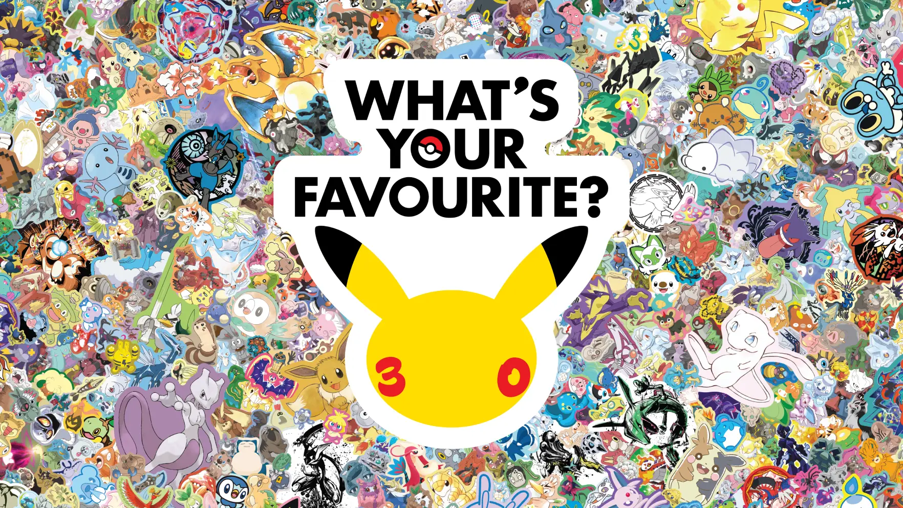 Colourful promotional art of dozens of Pokémon behind a 'What's Your Favorite?' logo.