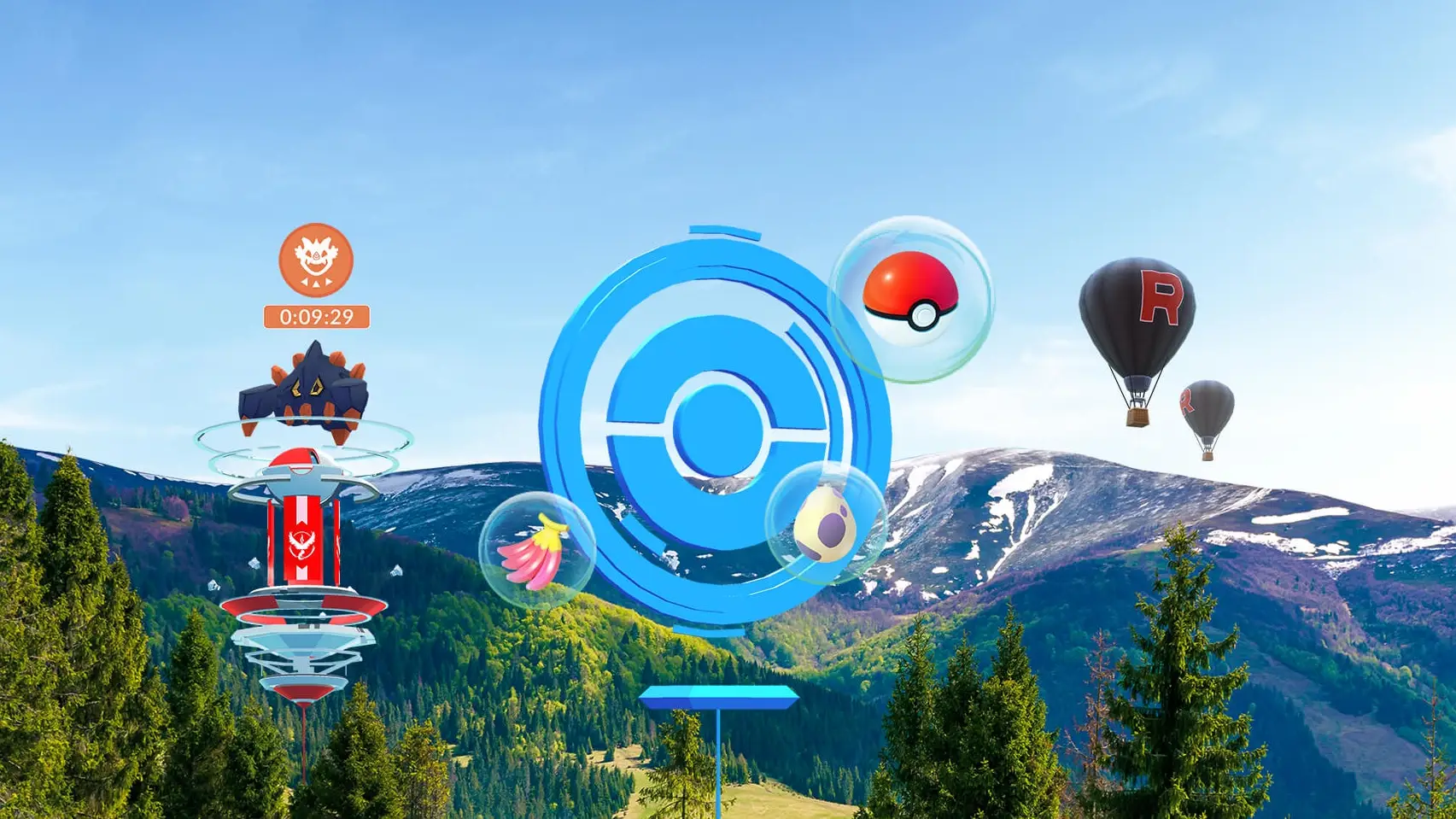 A Pokémon Go gym, PokéStop and various items amongst a forest and mountains.
