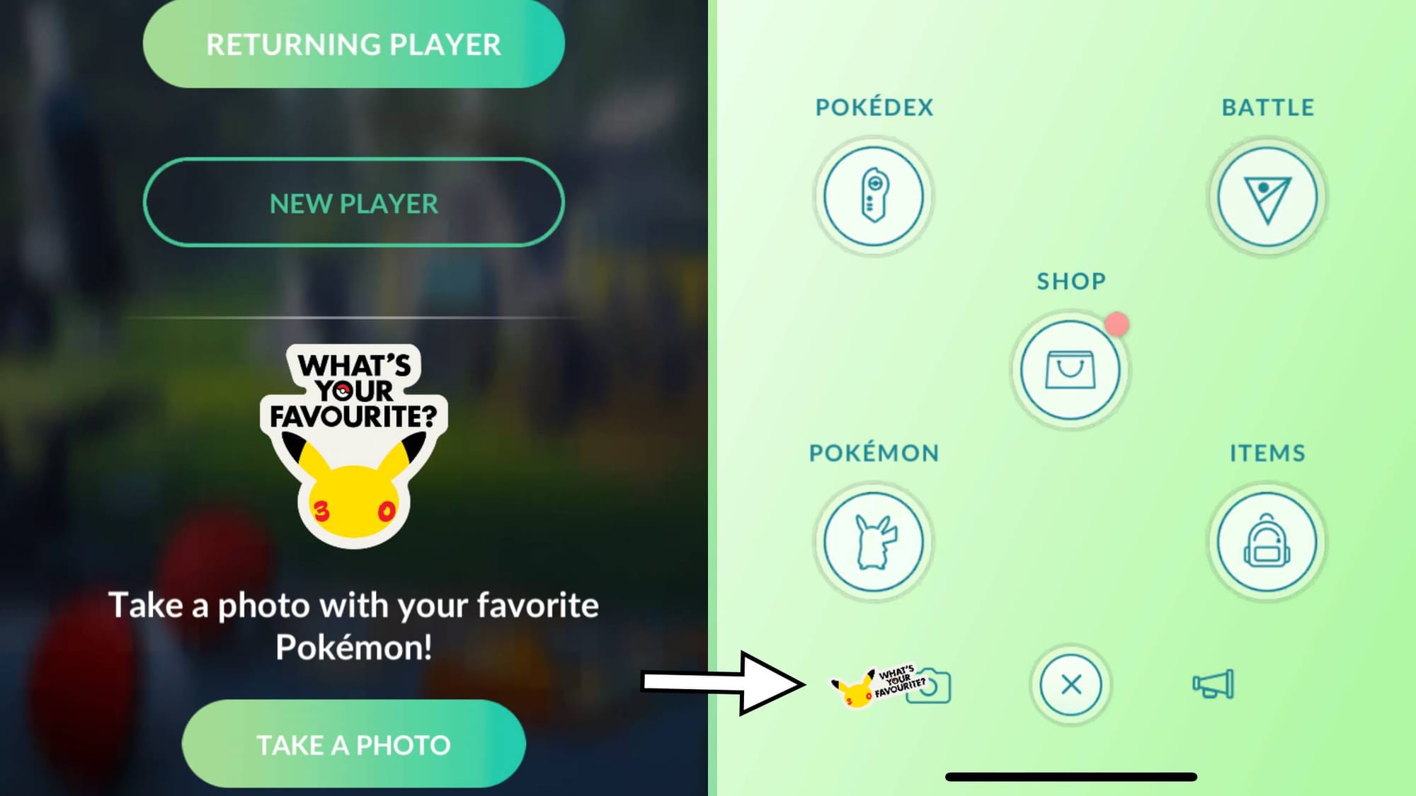 Two side-by-side screenshots of Pokémon Go showing the two ways of accessing the 'What's Your Favorite?' feature in Pokémon Go, one in the logged out screen, another on a green menu with various buttons, and an arrow pointing to a camera icon.