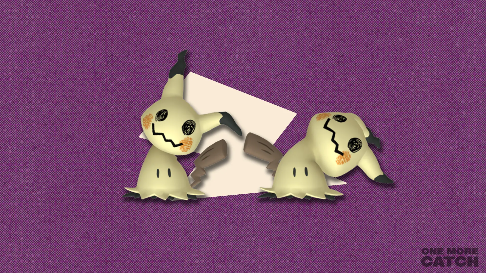 Mimikyu in front of a polygonal shape and a textured background.