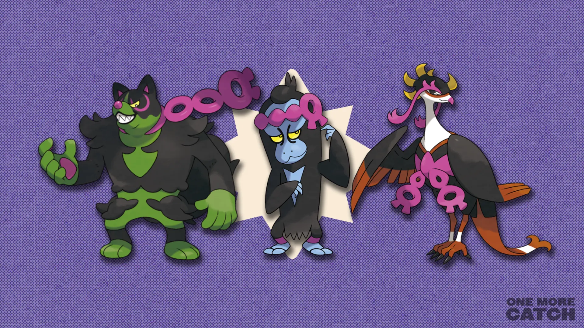 Okidogi, Munkidori and Fezandipiti in front of a polygonal shape and a textured background.