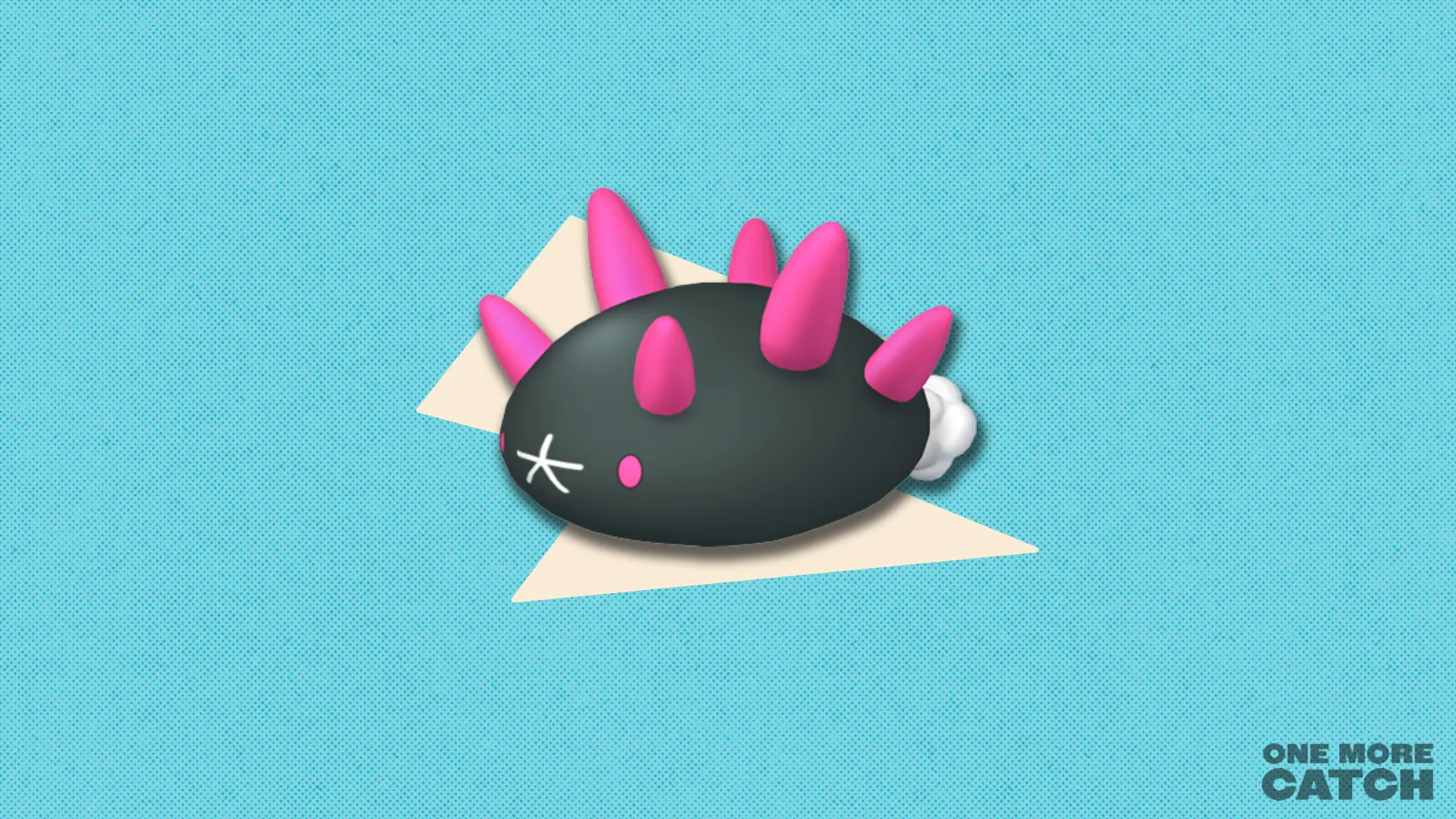 Pyukumuku in front of a polygonal shape and a textured background.