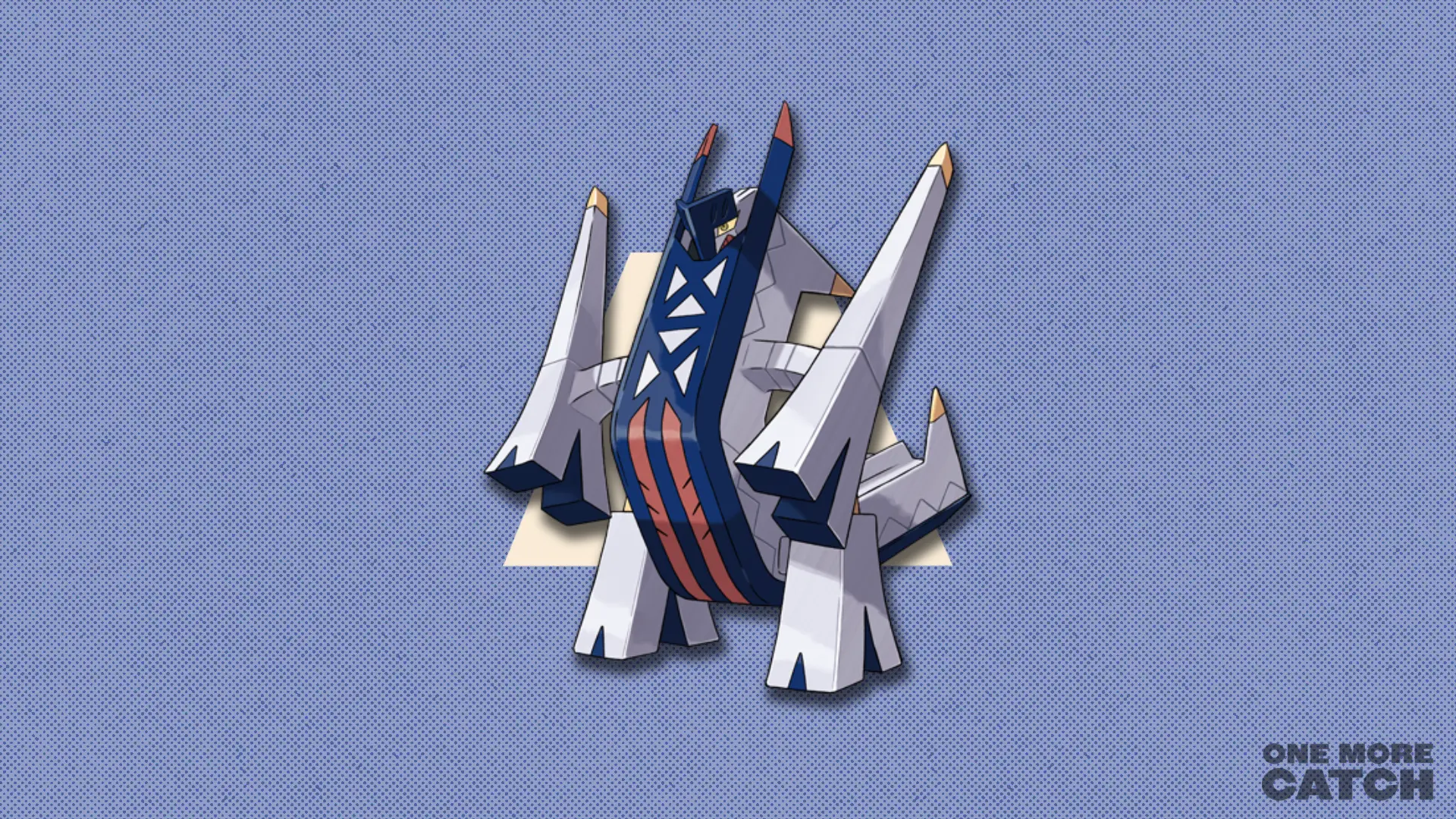 Archaludon in front of a polygonal shape and a textured background.