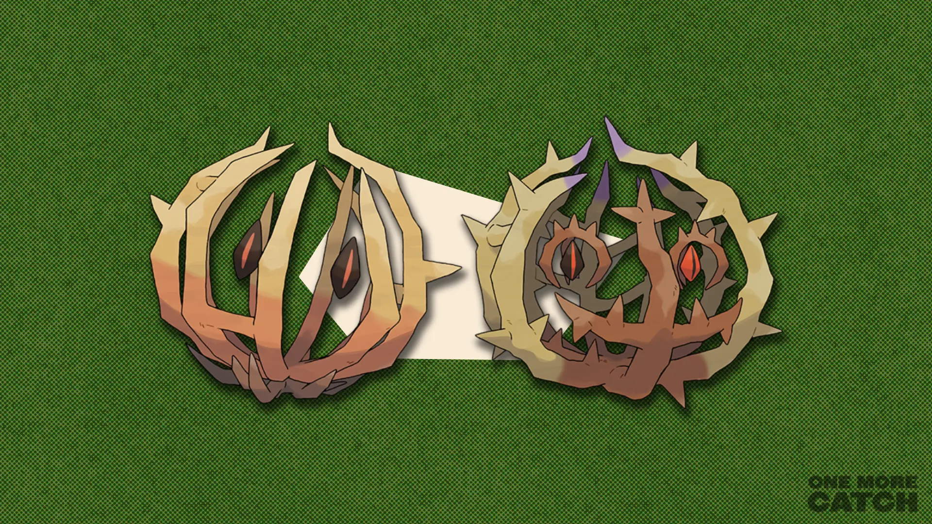 Bramblin and Brambleghast in front of a polygonal shape and a textured background.