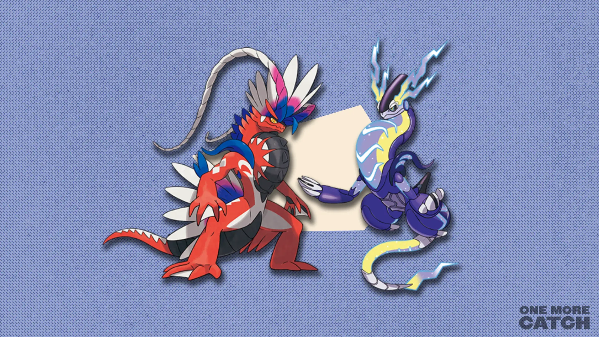 Koraidon and Miraidon in front of a polygonal shape and a textured background.