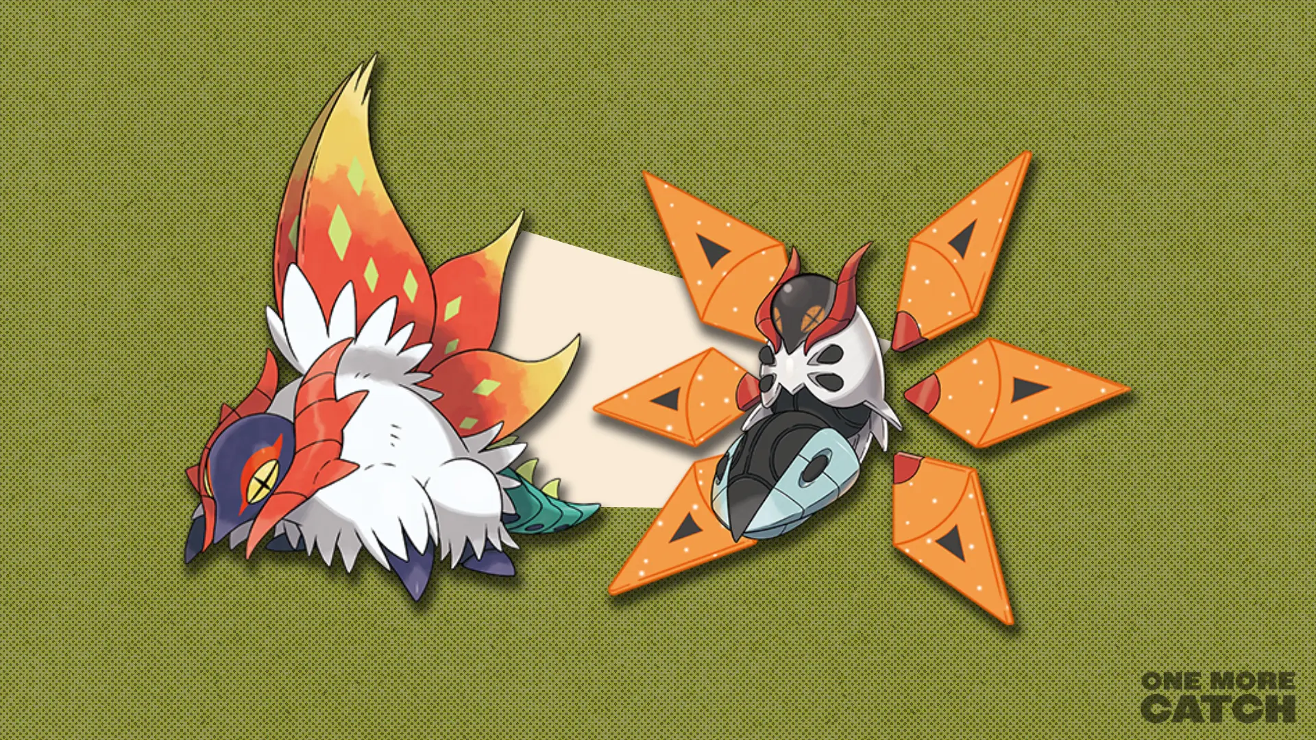 Slither Wing and Iron Moth in front of a polygonal shape and a textured background.