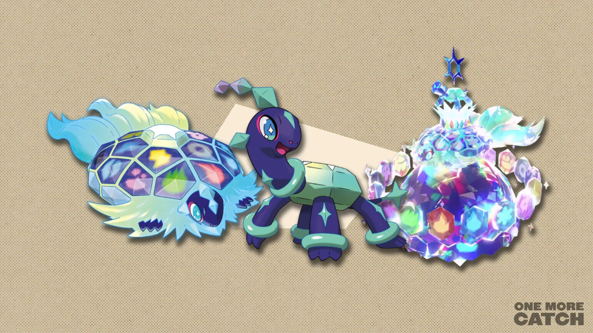  Terapagos in front of a polygonal shape and a textured background.