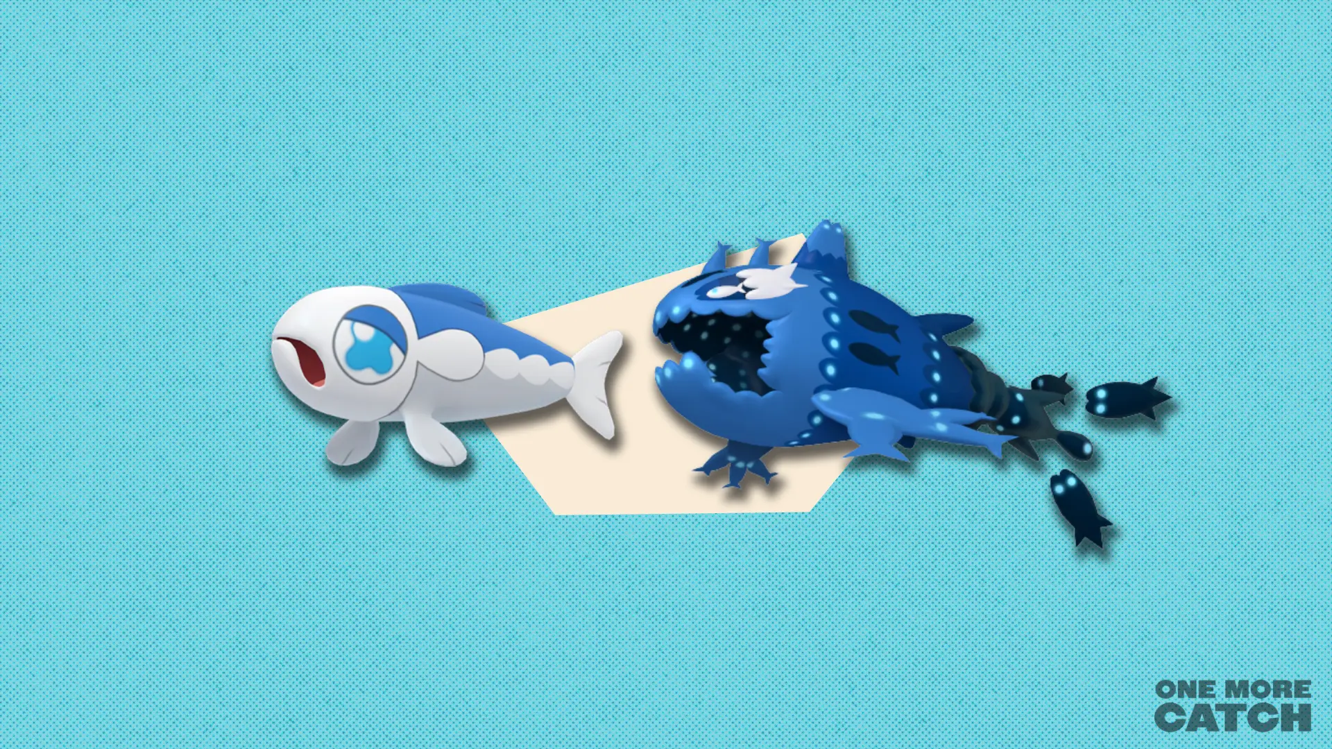 Wishiwashi in front of a polygonal shape and a textured background.